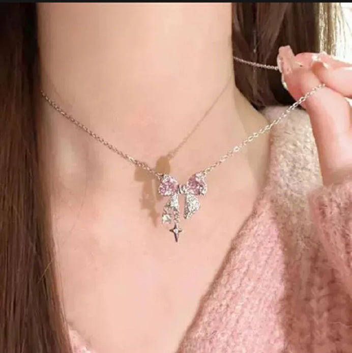 Korean Jewellery Pink Zircon Bow Necklace